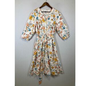 Cottagecore Croft & Barrow Women XXL White Floral Cotton Button Tie Midi Dress